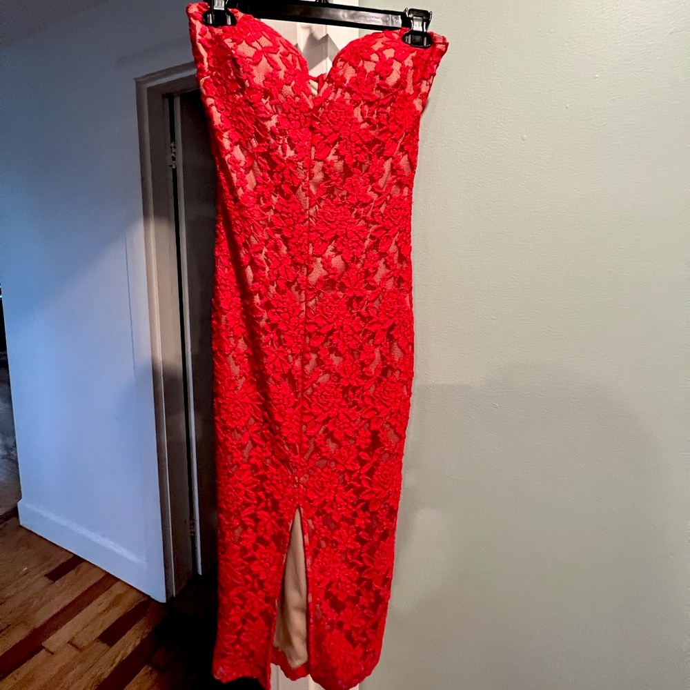 Akira Black Label Strapless Dress. Red lace. Tight